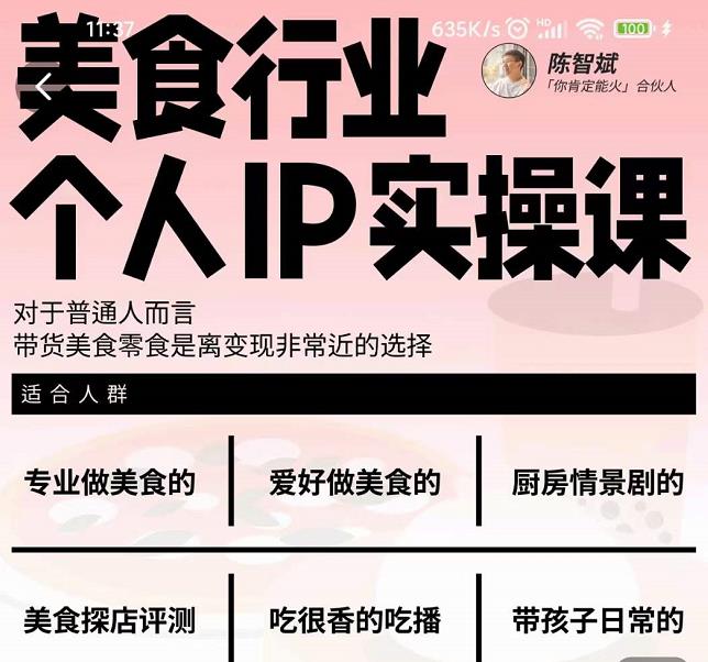 美食行业个人IP实操课，对于普通人而言，带货美食零食是离变现非常近的选择副业联盟-网创项目资源站-副业项目-创业项目-搞钱项目副业联盟