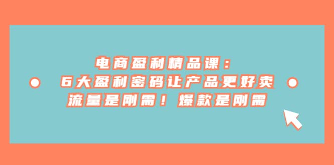 电商 盈利精品课：6大盈利 密码让产品更好卖，流量是刚需！爆款是刚需副业联盟-网创项目资源站-副业项目-创业项目-搞钱项目副业联盟