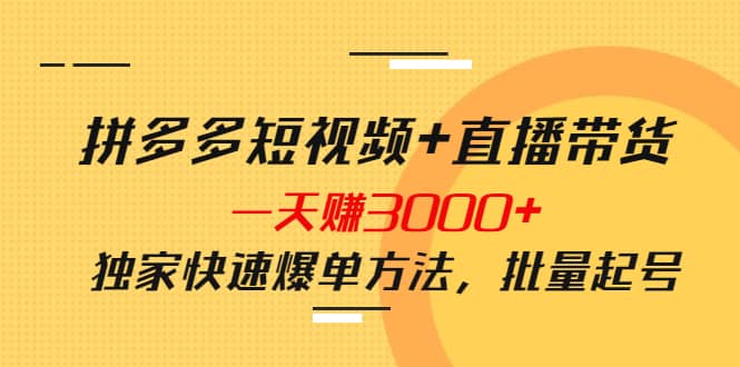 拼多多短视频+直播带货，一天赚3000+独家快速爆单方法，批量起号副业联盟-网创项目资源站-副业项目-创业项目-搞钱项目副业联盟