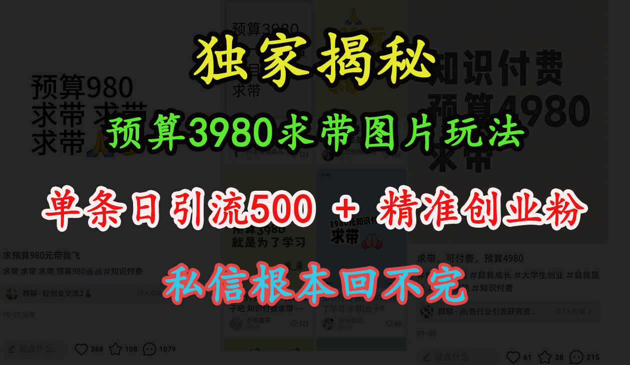“小红书”预算3980求带 图片玩法，单条日引流500+精准创业粉，私信根本回不完副业联盟-网创项目资源站-副业项目-创业项目-搞钱项目副业联盟